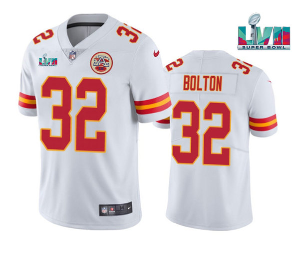 Men's Kansas City Chiefs #32 Nick Bolton White Super Bowl LVII Patch Vapor Untouchable Limited Stitched Jersey
