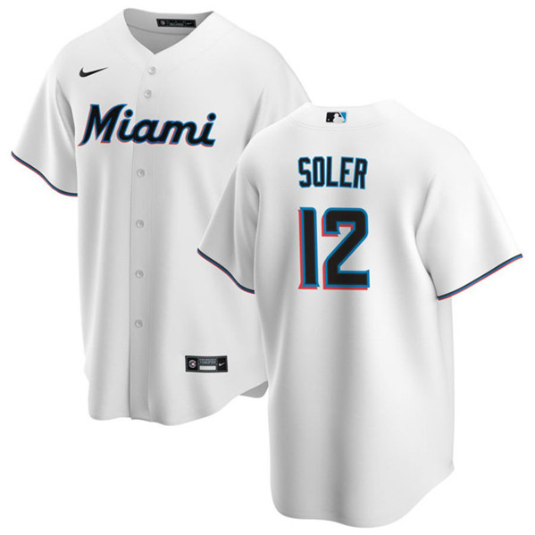 Men's Miami Marlins #12 Jorge Soler White Cool Base Stitched Baseball Jersey