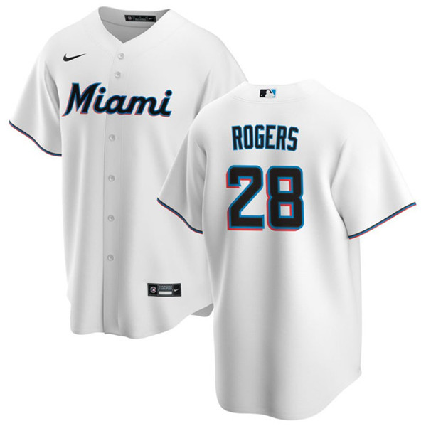 Men's Miami Marlins #28 Trevor Rogers White Cool Base Stitched Baseball Jersey