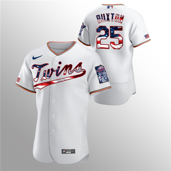 Men's Minnesota Twins White #25 Byron Buxton 2020 Stars & Stripes Flex Base Stitched MLB Jersey
