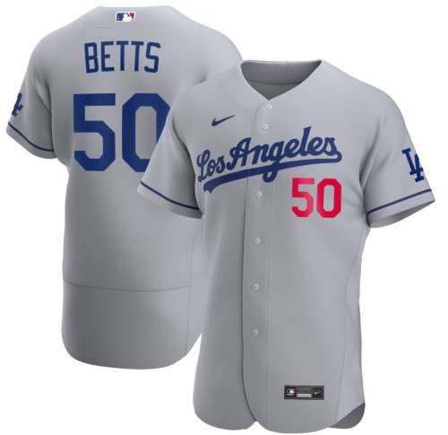 Men's Los Angeles Dodgers Grey #50 Mookie Betts Flex Base Stitched MLB Jersey