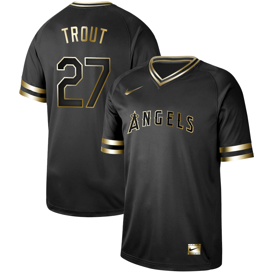Men's Los Angeles Angels #27 Mike Trout Black Gold Stitched MLB Jersey