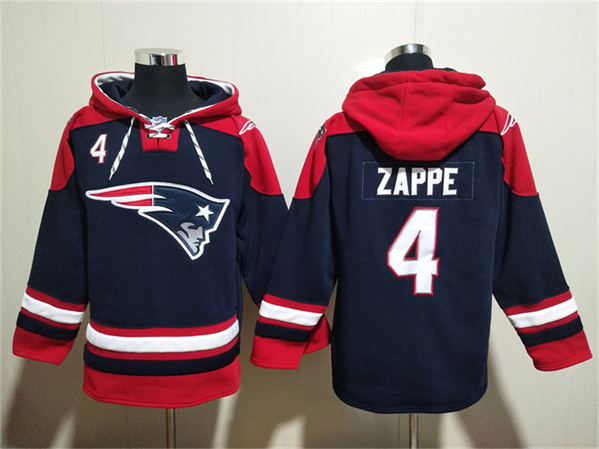 Men's New England Patriots #4 Bailey Zappe Navy Ageless Must-Have Lace-Up Pullover Hoodie