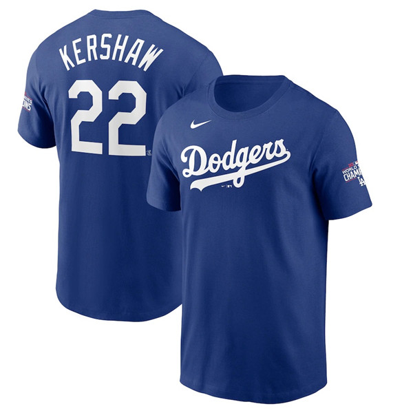 Men's Los Angeles Dodgers #22 Clayton Kershaw Royal 2020 World Series Champions T-Shirt