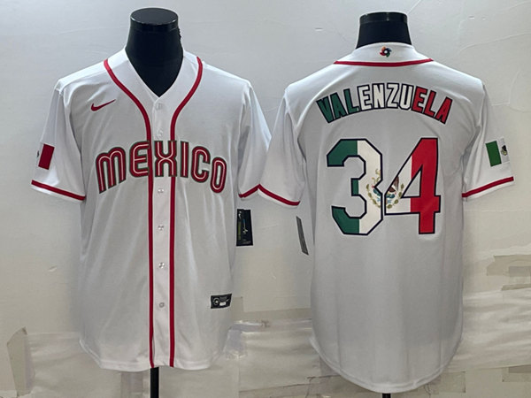 Men's Mexico Baseball #34 Fernando Valenzuela 2023 White World Baseball Classic Stitched Jersey