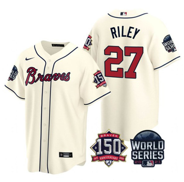 Men's Atlanta Braves #27 Austin Riley 2021 Cream World Series With 150th Anniversary Patch Cool Base Stitched Jersey