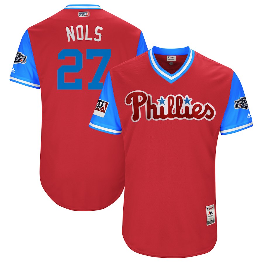 Men's hiladelphia Phillies Aaron Nola "Nols" Majestic Scarlet/Light Blue 2018 MLB Little League Classic Jersey