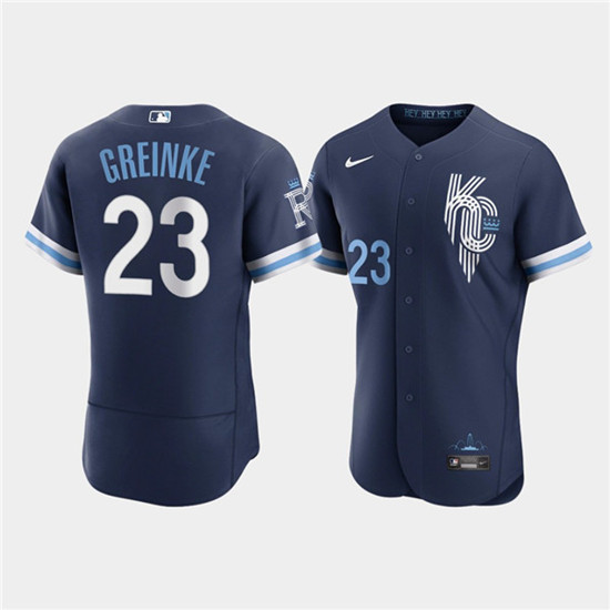 Men's Kansas City Royals #23 Zack Greinke 2022 Navy City Connect Flex Base Stitched MLB Jersey