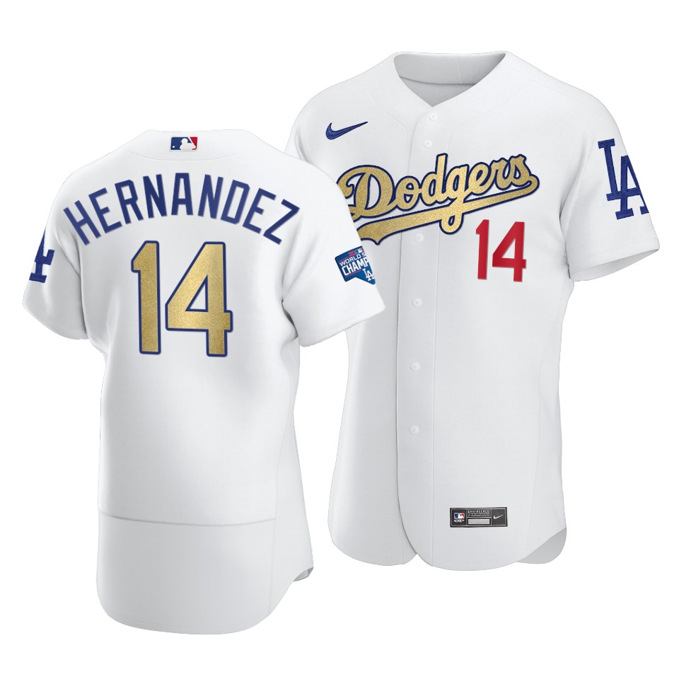 Men's Los Angeles Dodgers #14 Enrique Hernandez 2021 White Gold World Series Champions Patch Sttiched MLB Jersey