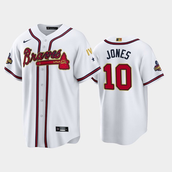 Men's Atlanta Braves #10 Chipper Jones 2022 White/Gold World Series Champions Program Cool Base Stitched Baseball Jersey