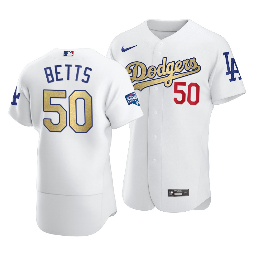 Men's Los Angeles Dodgers #50 Mookie Betts 2021 White Gold World Series Champions Patch Sttiched MLB Jersey
