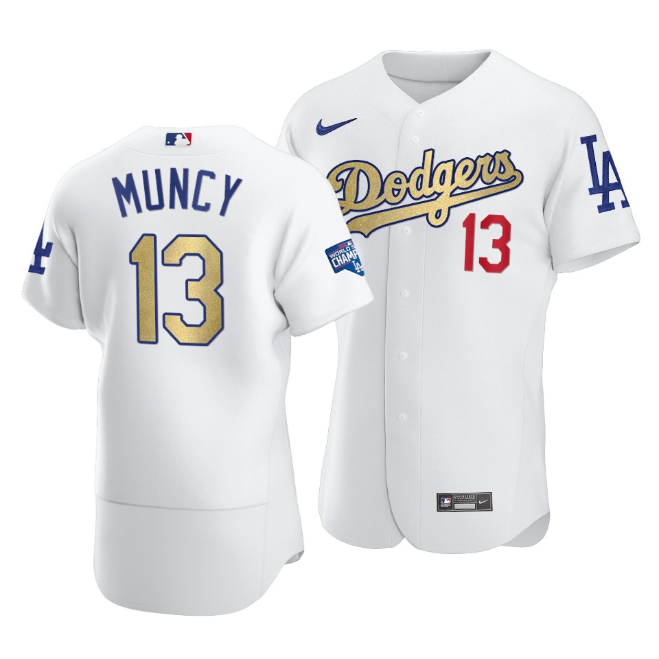 Men's Los Angeles Dodgers #13 Max Muncy 2021 White Gold World Series Champions Patch Sttiched MLB Jersey