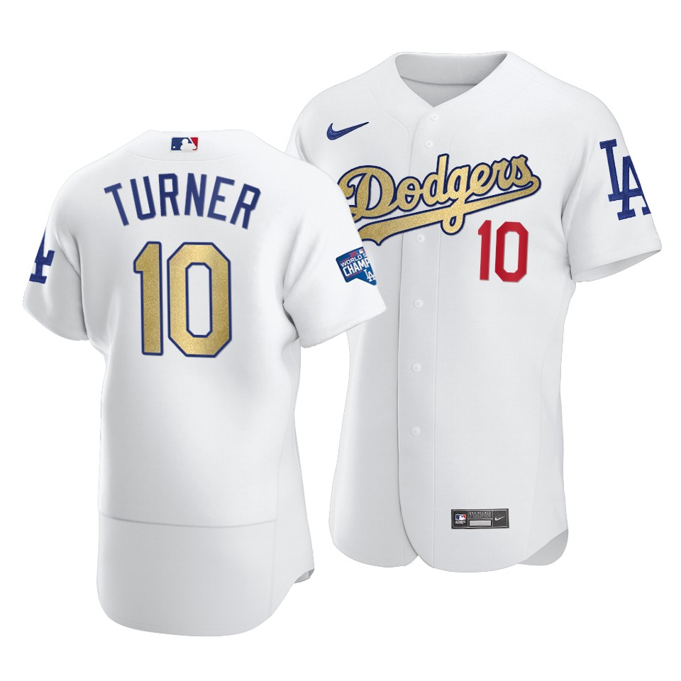 Men's Los Angeles Dodgers #10 Justin Turner 2021 White Gold World Series Champions Patch Sttiched MLB Jersey