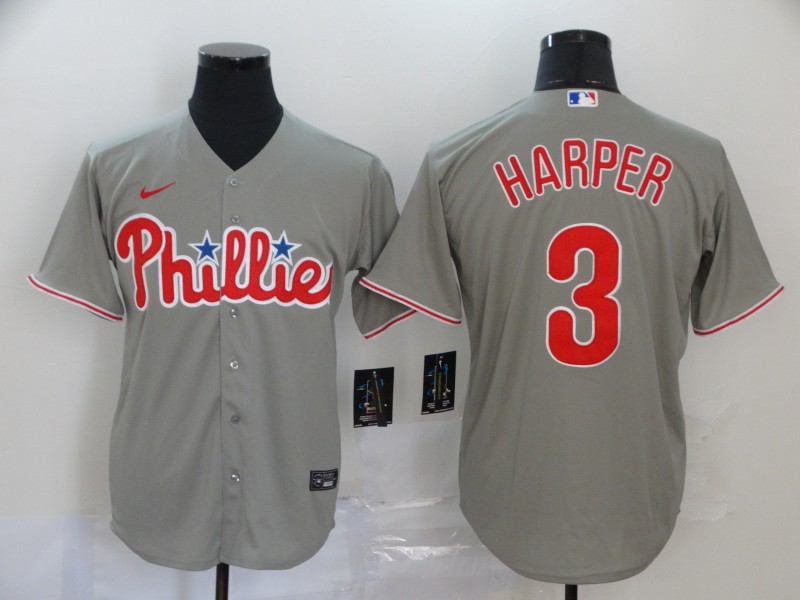 Men's Philadelphia Phillies #3 Bryce Harper 2020 Grey Cool Base Stitched MLB Jersey