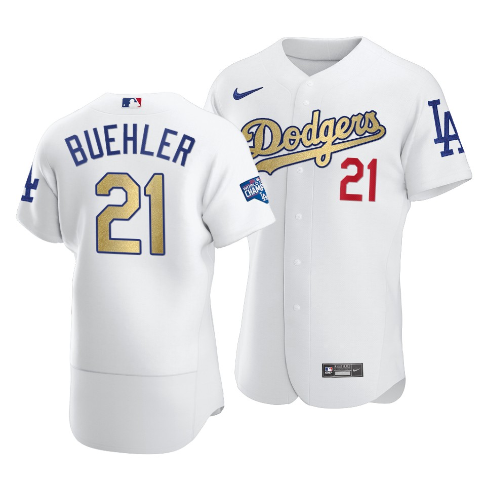Men's Los Angeles Dodgers #21 Walker Buehler 2021 White Gold World Series Champions Patch Sttiched MLB Jersey
