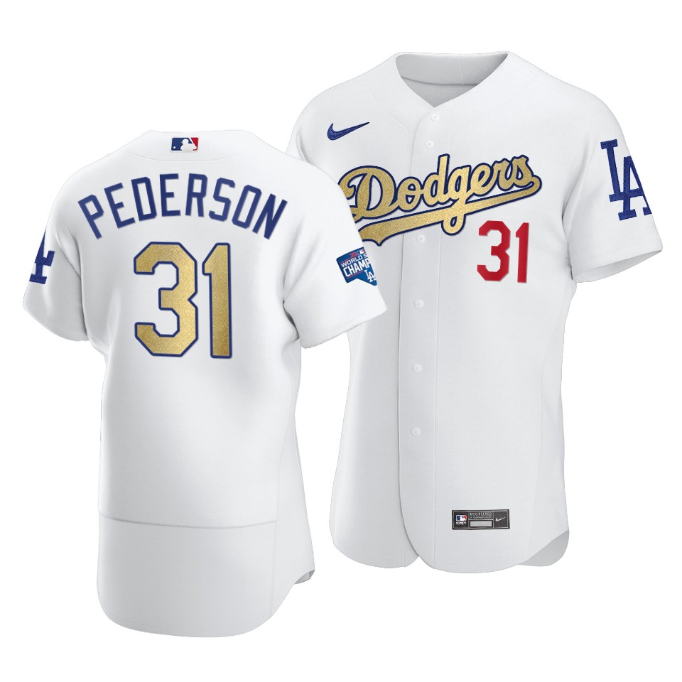 Men's Los Angeles Dodgers #31 Joc Pederson 2021 White Gold World Series Champions Patch Sttiched MLB Jersey