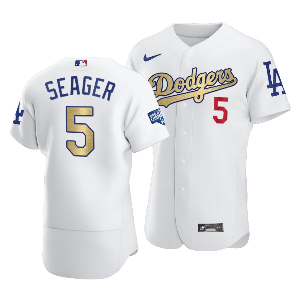 Men's Los Angeles Dodgers #5 Corey Seager 2021 White Gold World Series Champions Patch Sttiched MLB Jersey