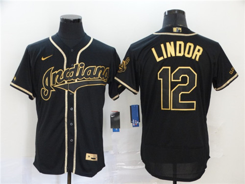 Men's Cleveland Indians #12 Francisco Lindor 2020 Black Golden Flex Base Stitched MLB Jersey