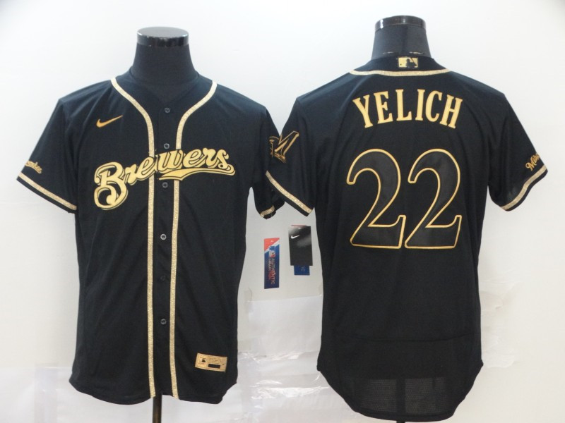 Men's Milwaukee Brewers #22 Christian Yelich Blank 2020 Black Golden Flex Base Stitched MLB Jersey