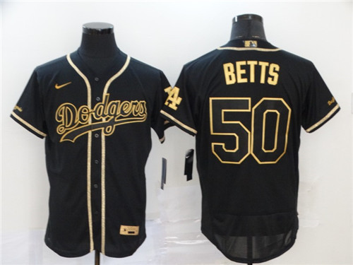Men's Los Angeles Dodgers #50 Mookie Betts Black Golden Flex Base Stitched MLB Jersey