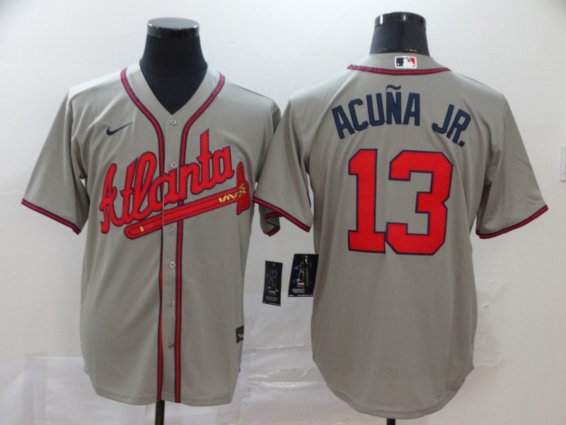 Men's Atlanta Braves #13 Ronald Acuña Jr Grey Cool Base Stitched MLB Jersey