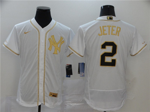 Men's New York Yankees #2 Derek Jeter White Golden Flex Base Stitched MLB Jersey