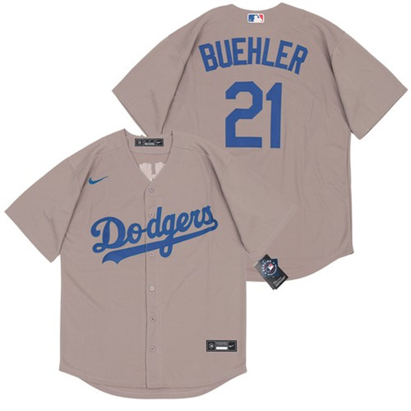 Men's Los Angeles Dodgers #21 Walker Buehler Grey Cool Base Stitched MLB Jersey