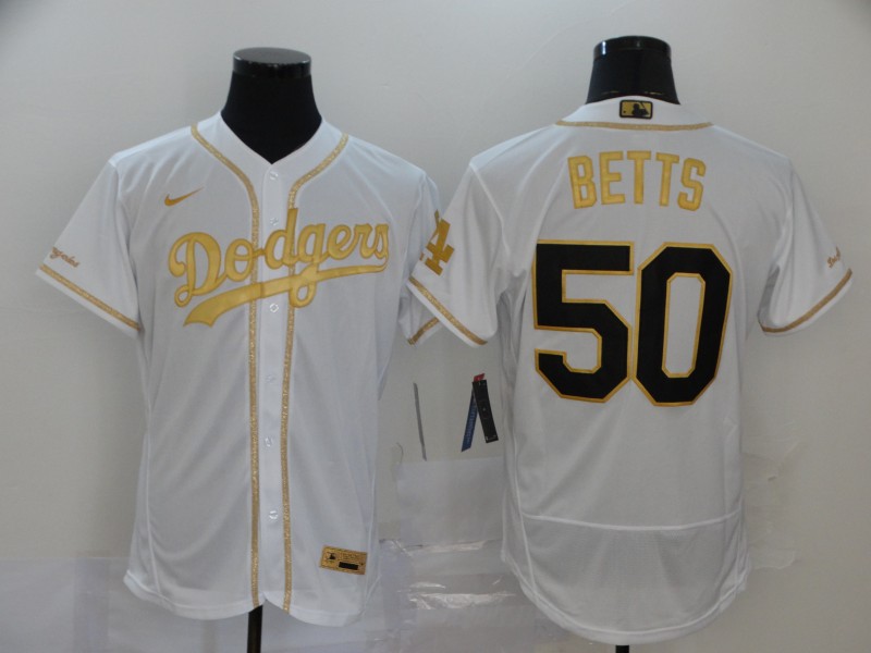Men's Los Angeles Dodgers #50 Mookie Betts White Golden Flex Base Stitched MLB Jersey