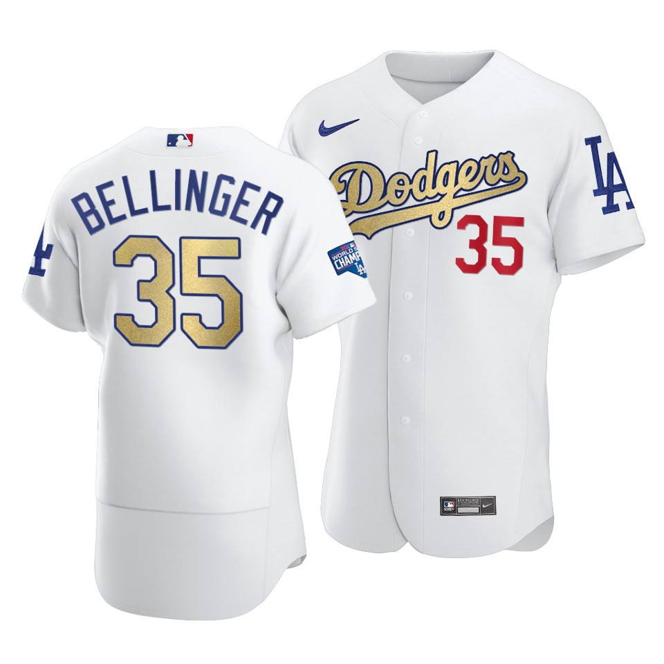 Men's Los Angeles Dodgers #35 Cody Bellinger 2021 White Gold World Series Champions Patch Sttiched MLB Jersey