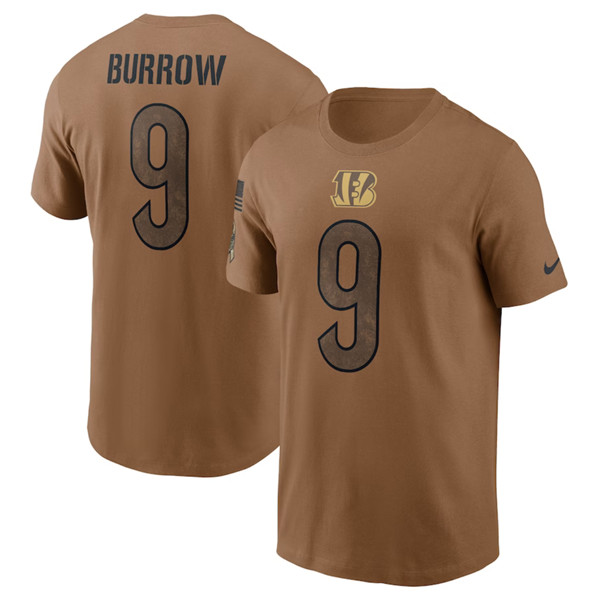 Men's Cincinnati Bengals #9 Joe Burrow 2023 Brown Salute To Service Name & Number T-Shirt