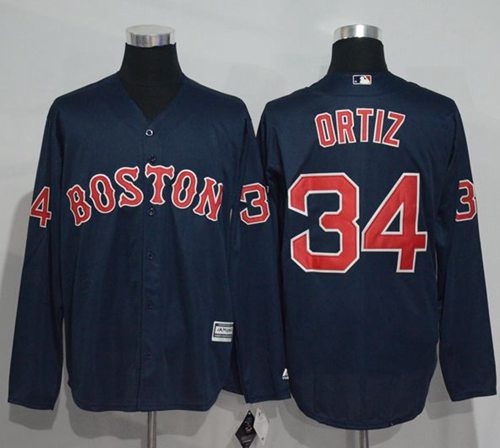 Red Sox #34 David Ortiz Navy Blue New Cool Base Long Sleeve Stitched MLB Jersey