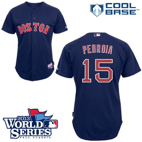 Red Sox #15 Dustin Pedroia Dark Blue Cool Base 2013 World Series Patch Stitched MLB Jersey
