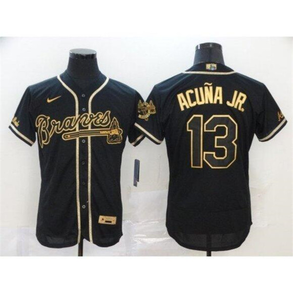 Men's Atlanta Braves White #13 Ronald Acuña Jr 2020 Black Golden Flex Base Stitched MLB Jersey