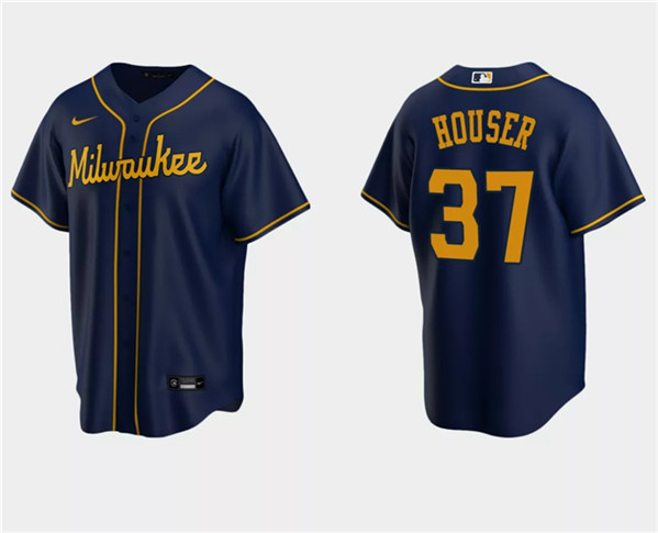 Men's Milwaukee Brewers #37 Adrian Houser Navy Cool Base Stitched Jersey