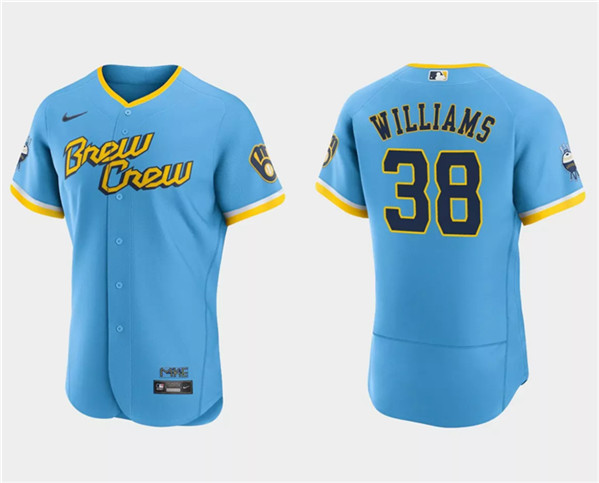 Men's Milwaukee Brewers #38 Devin Williams Powder Blue 2022 City Connect Flex Base Stitched Jersey
