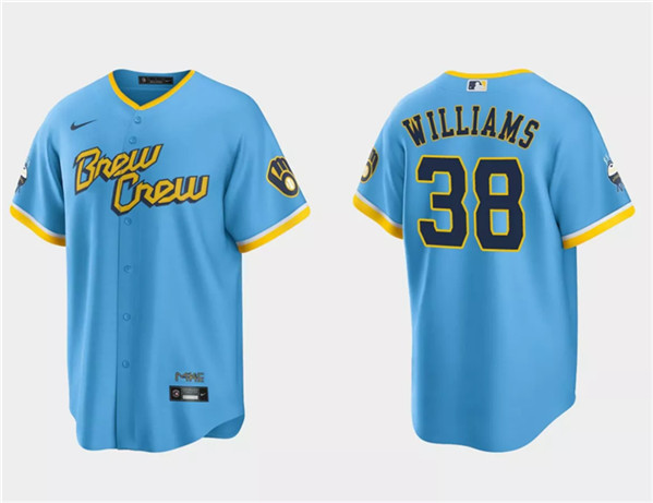 Men's Milwaukee Brewers #38 Devin Williams Powder Blue 2022 City Connect Cool Base Stitched Jersey
