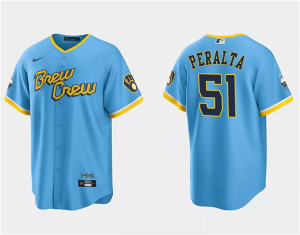 Men's Milwaukee Brewers #51 Freddy Peralta Powder Blue City Connect Cool Base Stitched Jersey
