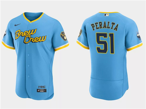 Men's Milwaukee Brewers #51 Freddy Peralta Powder Blue 2022 City Connect Flex Base Stitched Jersey