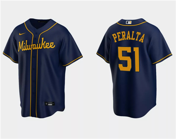 Men's Milwaukee Brewers #51 Freddy Peralta Navy Cool Base Stitched Jersey