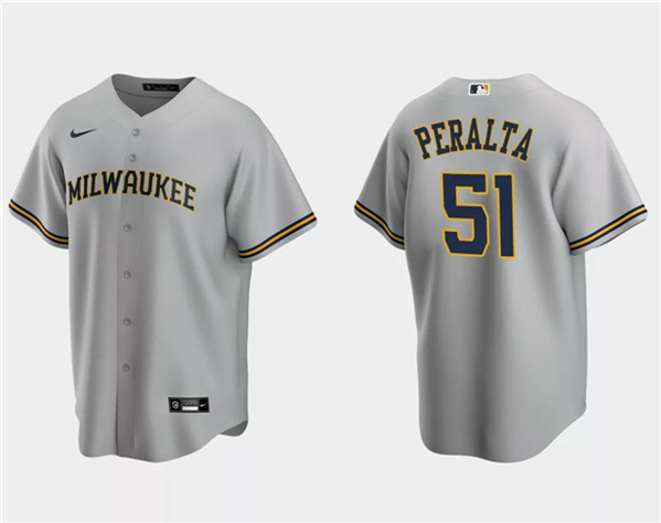 Men's Milwaukee Brewers #51 Freddy Peralta Gray Cool Base Stitched Jersey