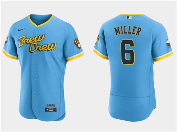 Men's Milwaukee Brewers #6 Owen Miller Powder Blue 2022 City Connect Flex Base Stitched Jersey