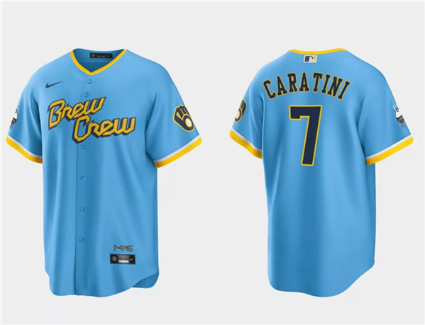 Men's Milwaukee Brewers #7 Victor Caratini Powder Blue 2022 City Connect Cool Base Stitched Jersey