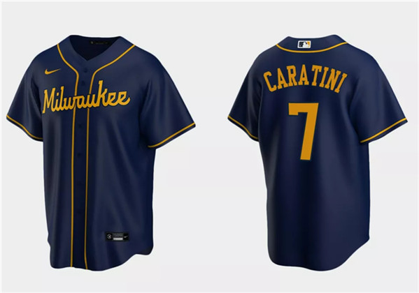 Men's Milwaukee Brewers #7 Victor Caratini Navy Cool Base Stitched Jersey