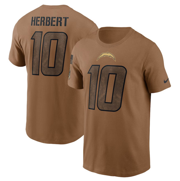 Men's Los Angeles Chargers #10 Justin Herbert 2023 Brown Salute To Service Name & Number T-Shirt