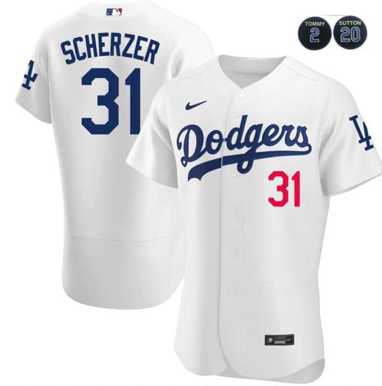 Men's Los Angeles Dodgers #31 Max Scherzer White #2 #20 Patch Flex Base Stitched Baseball Jersey