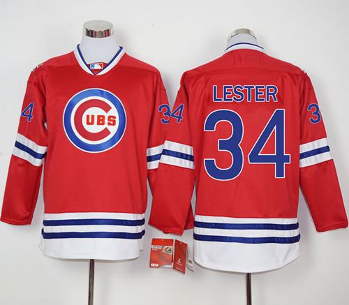 Cubs #34 Jon Lester Red Long Sleeve Stitched MLB Jersey