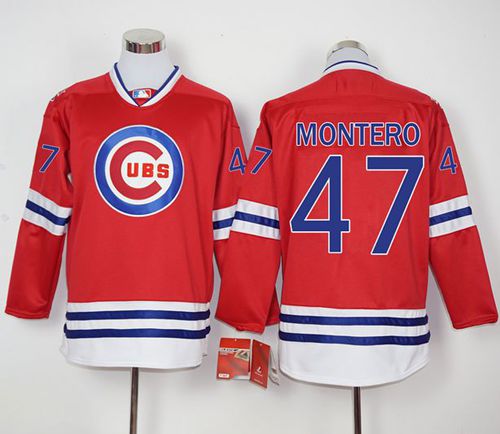 Cubs #47 Miguel Montero Red Long Sleeve Stitched MLB Jersey
