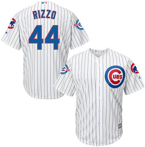 Cubs #44 Anthony Rizzo White Strip New Cool Base with 100 Years at Wrigley Field Commemorative Patch Stitched MLB Jersey