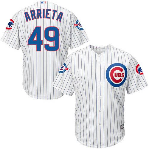Cubs #49 Jake Arrieta White Strip New Cool Base with 100 Years at Wrigley Field Commemorative Patch Stitched MLB Jersey