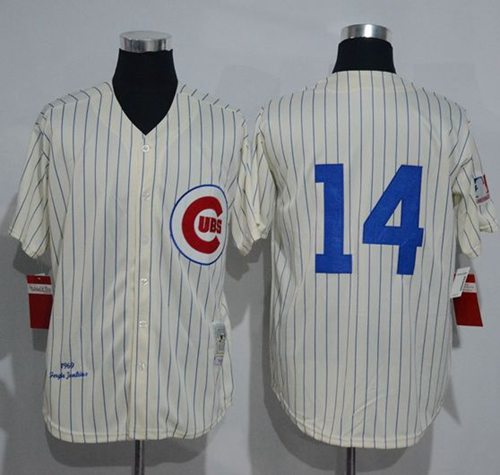 Mitchell And Ness 1969 Cubs #14 Ernie Banks Cream Strip Throwback Stitched MLB Jersey